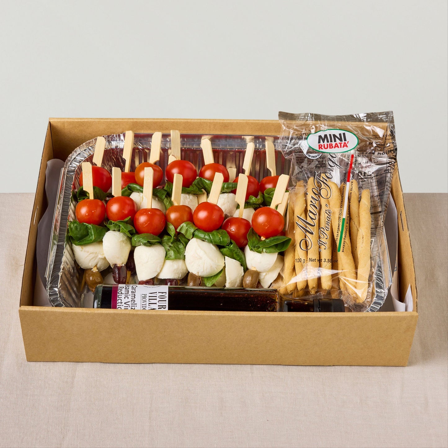 Caprese & Olive Skewers with Caramellised Balsamic & Italian Bread Sticks