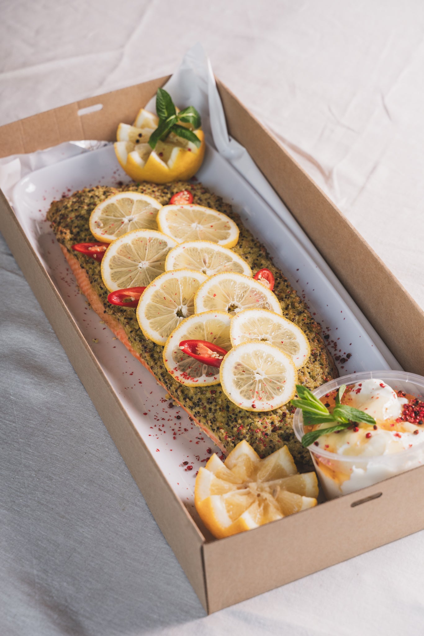 Christmas Baked Whole Tasmanian Salmon with a Quinoa, Green Pea & Feta Crust