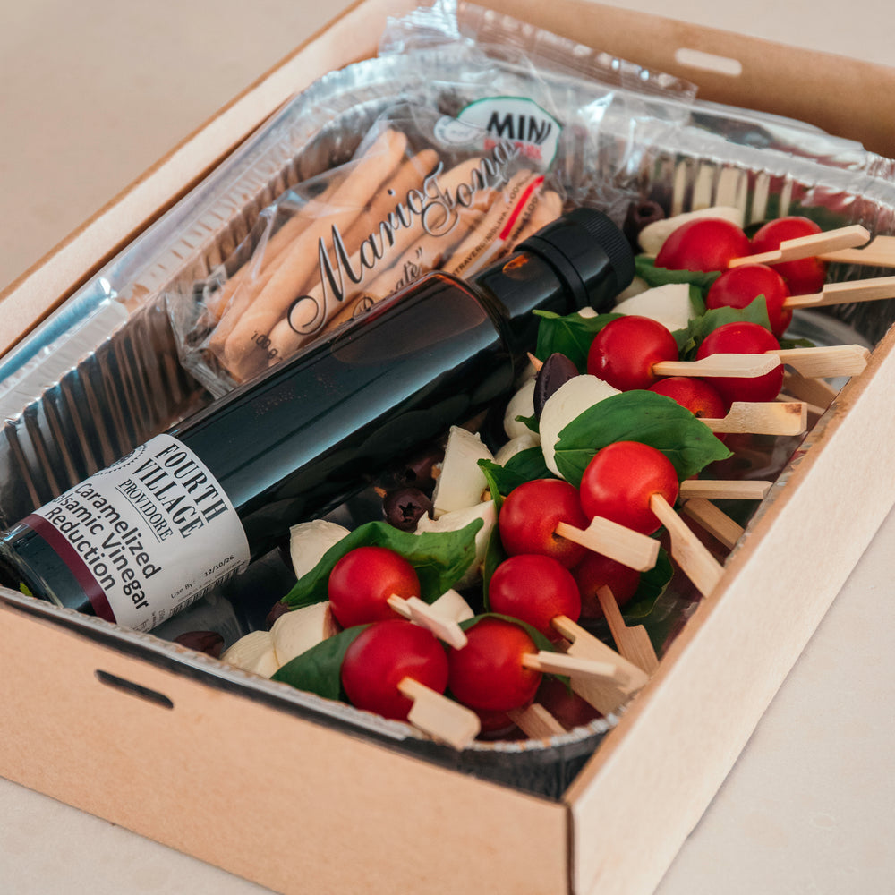 Caprese & Olive Skewers with Caramellised Balsamic & Italian Bread Sticks