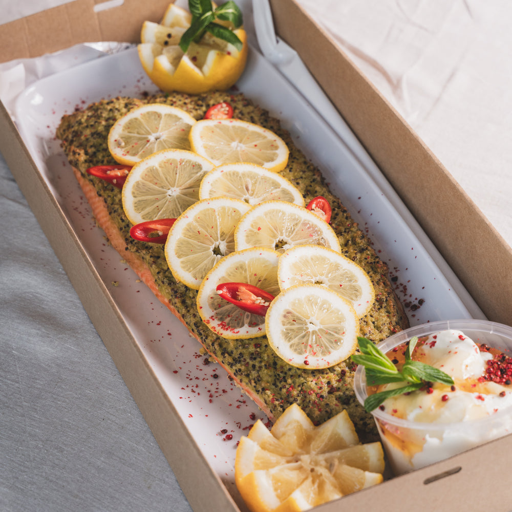 Baked Whole Tasmanian Salmon with a Quinoa, Green Pea & Feta Crust
