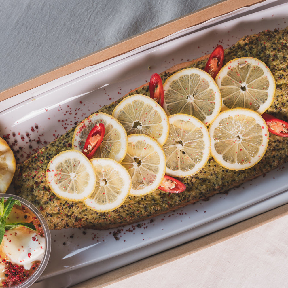 Baked Whole Tasmanian Salmon with a Quinoa, Green Pea & Feta Crust