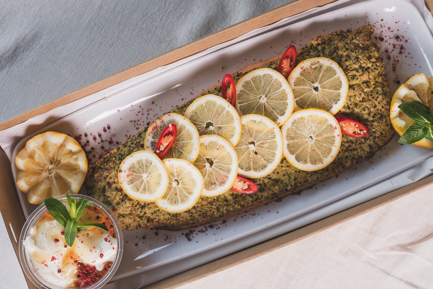 Baked Whole Tasmanian Salmon with a Quinoa, Green Pea & Feta Crust
